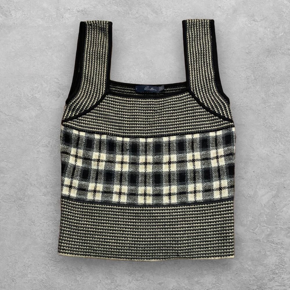 Anne Klein Italian Yarn Cashmere Knit Tank Top Plaid Pattern Square Neck Sz S